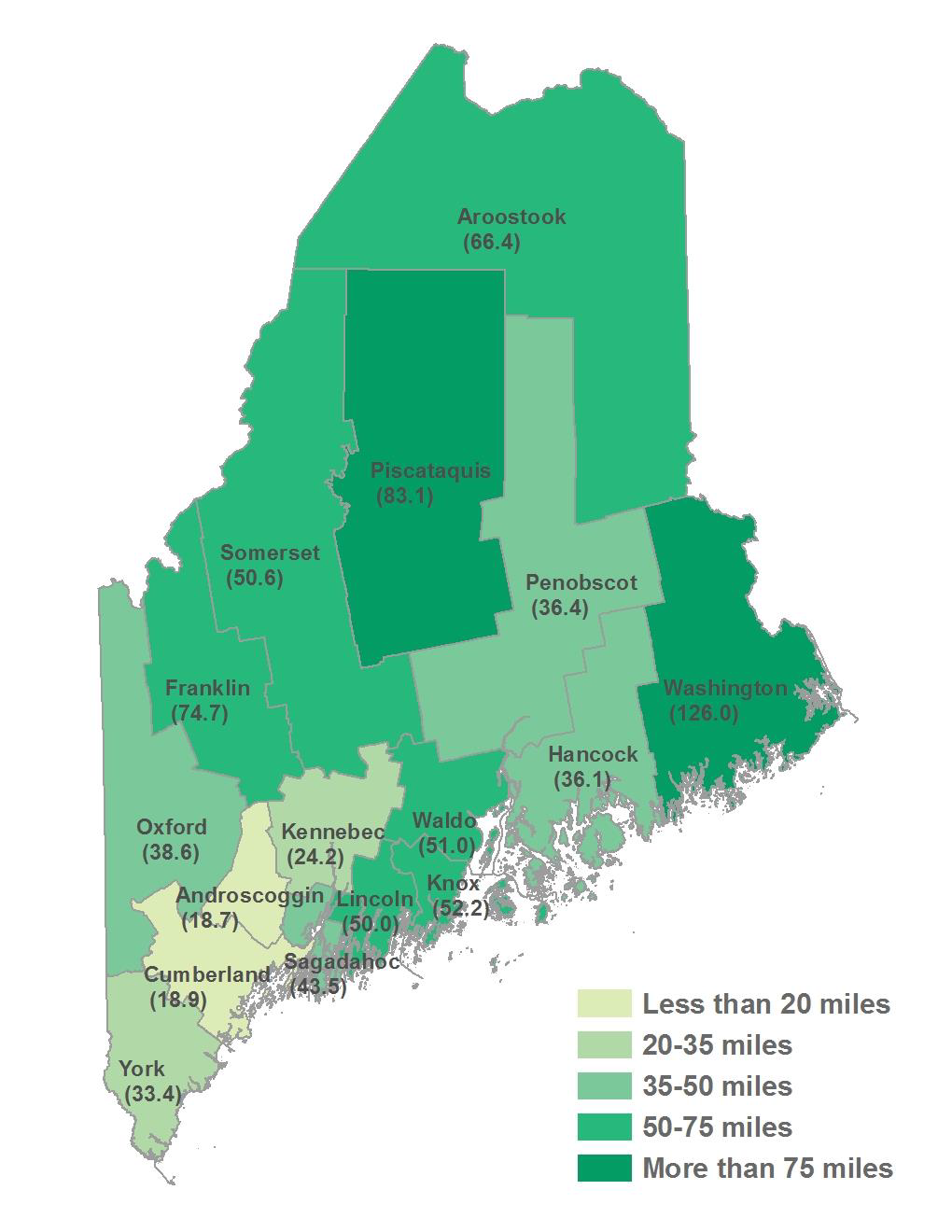 Average Round-Trip Distance by County (Chemotherapy Treatment). Source: 2015 MHDO Hospital Encounter Datasets